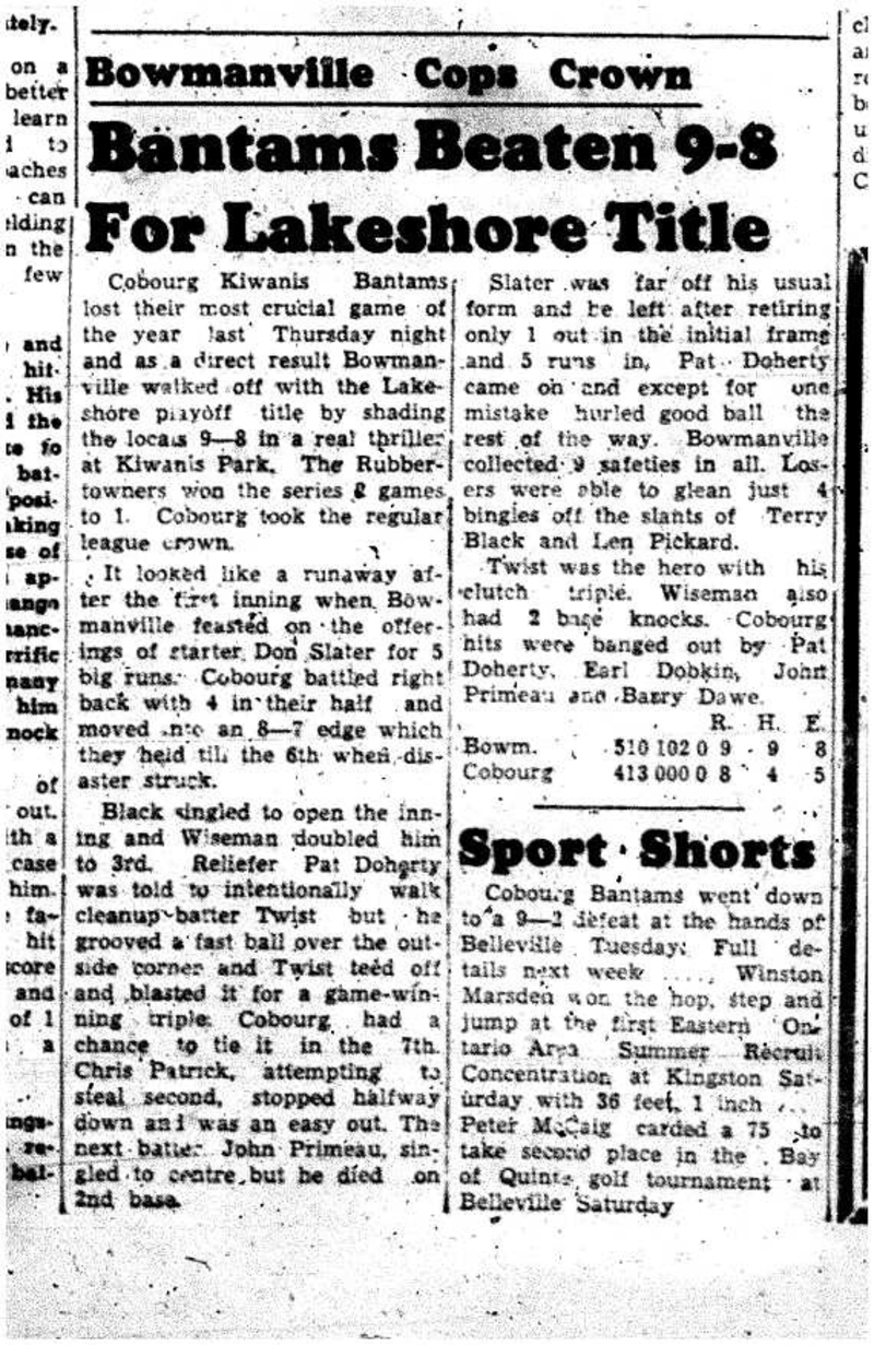 1958-08-21 Baseball -Bantam AllStars lose to Bowmanville