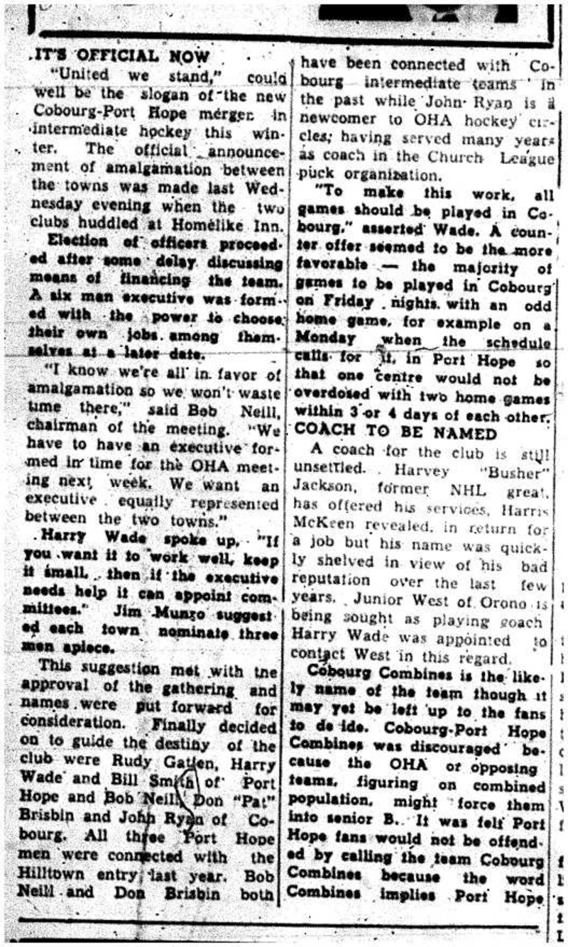 1958-09-18 Hockey -Intermediate Cobourg & PH combine