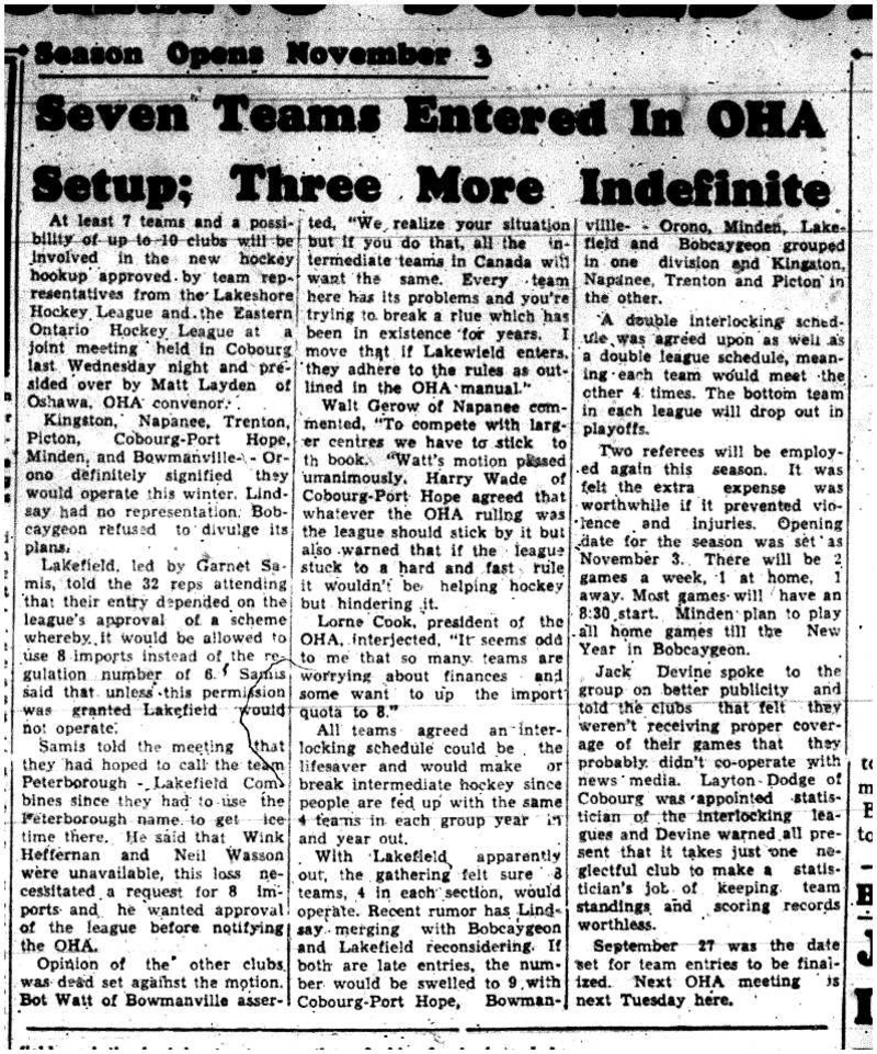 1958-09-26 Hockey -Intermediate Lakeshore & Eastern Ontario interlock