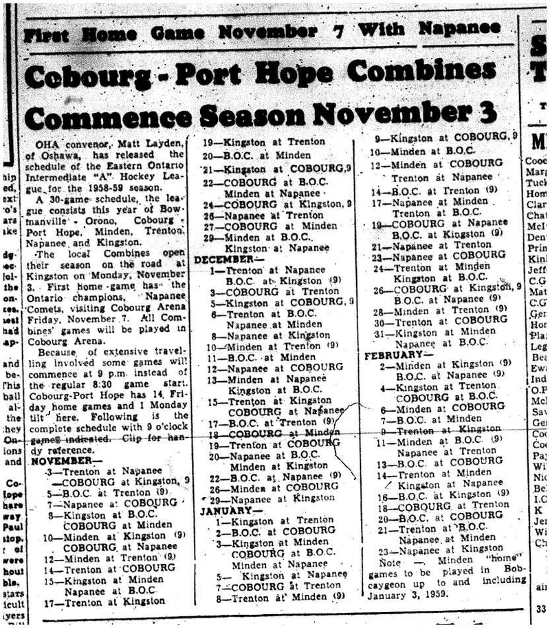 1958-10-16 Hockey -Intermediates League Schedule