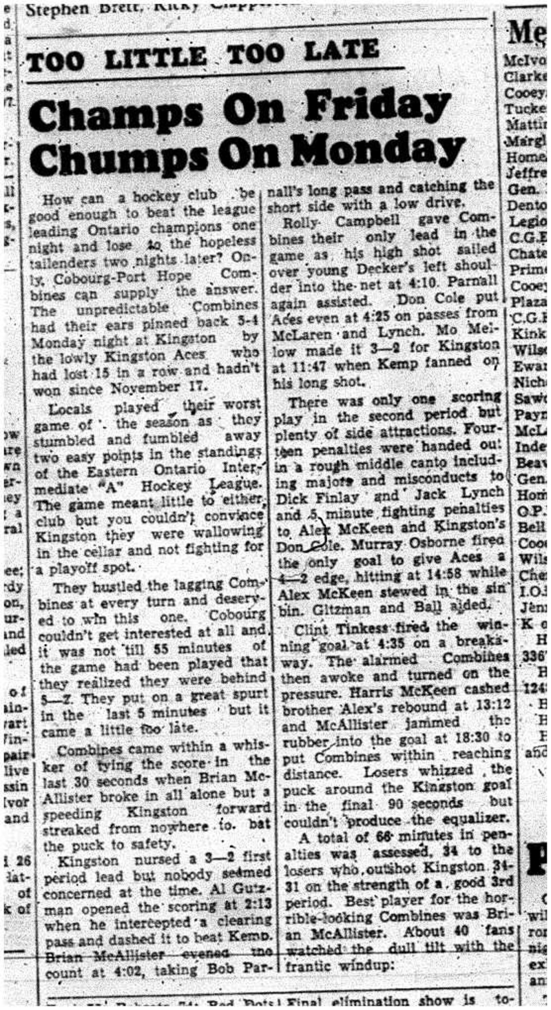 1959-01-20 Hockey -Intermediates-Cobourg-Port Hope Combines lose