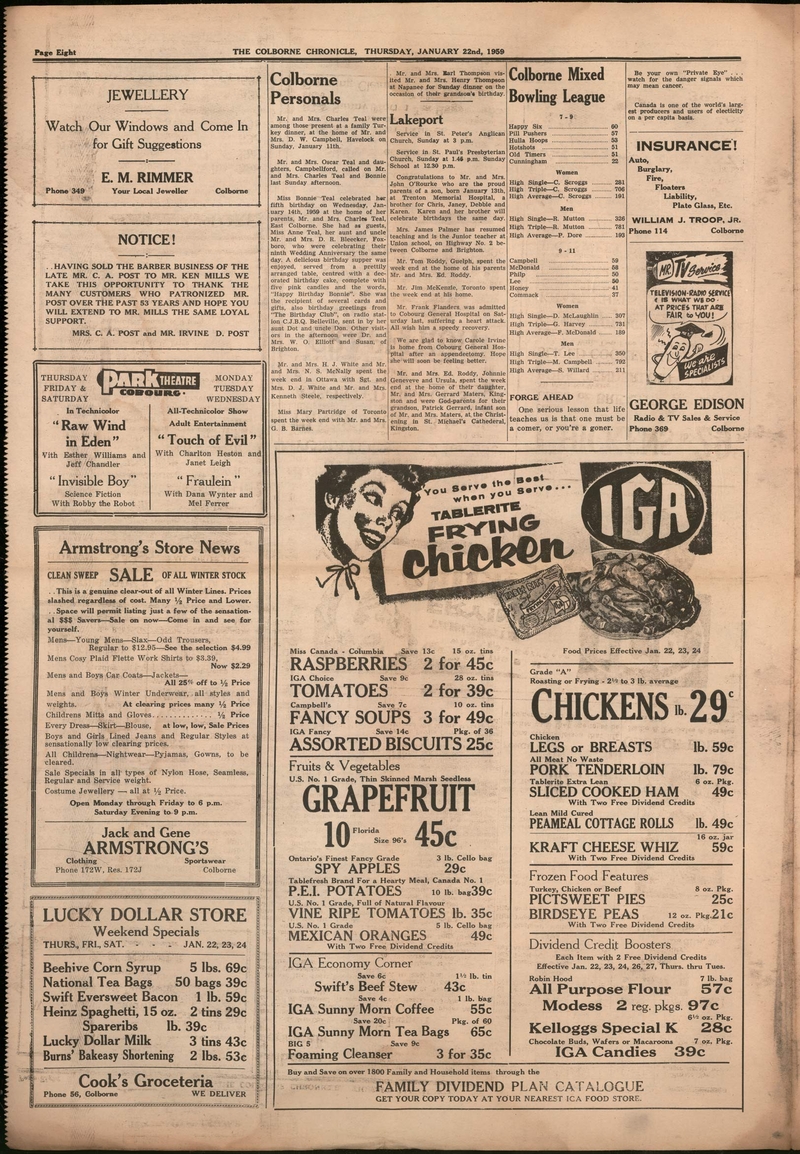 1959-01-22 Bowling -Colborne Chronicle