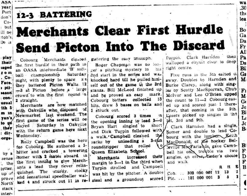 1959-09-03 Softball -Intermediate Merchants vs Picton Playoff