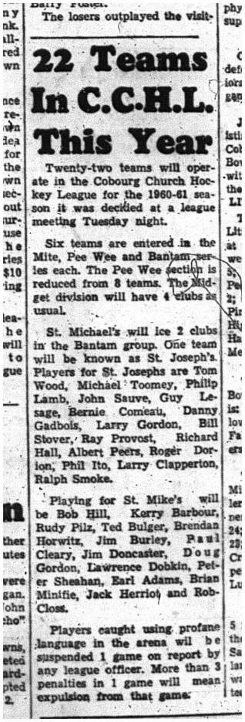 1960-10-27 Hockey -CCHL Midgets team rosters