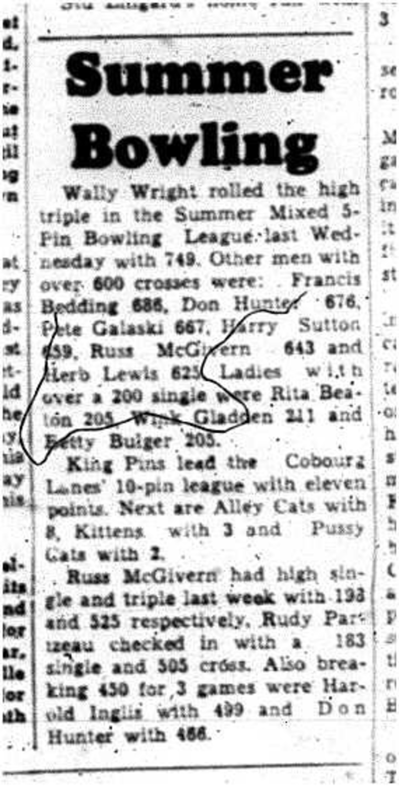 1961-06-28 Bowling -Summer Mixed 5 pin League