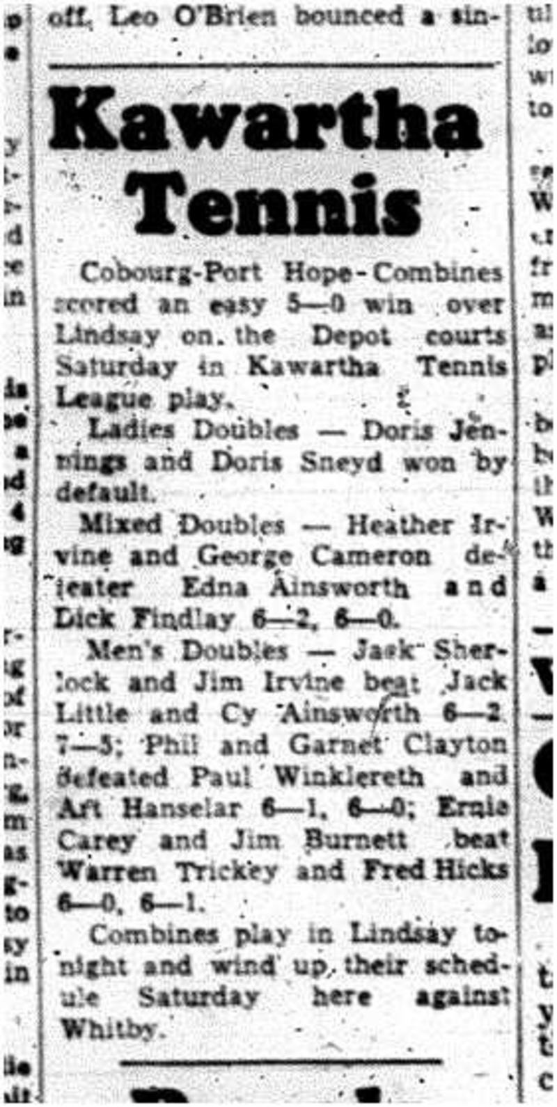 1961-07-26 Tennis -Combines vs Lindsay in Kawartha League