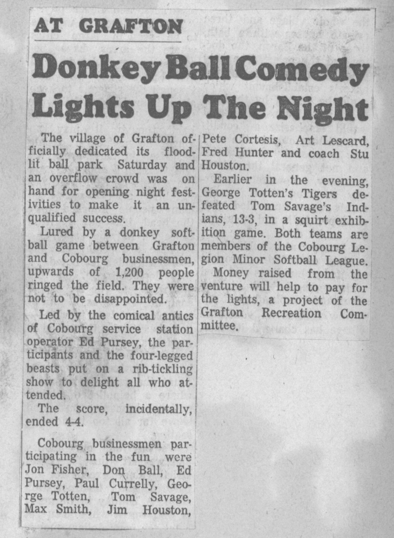1968 Baseball -Donkey -Grafton Ball Park gets lights