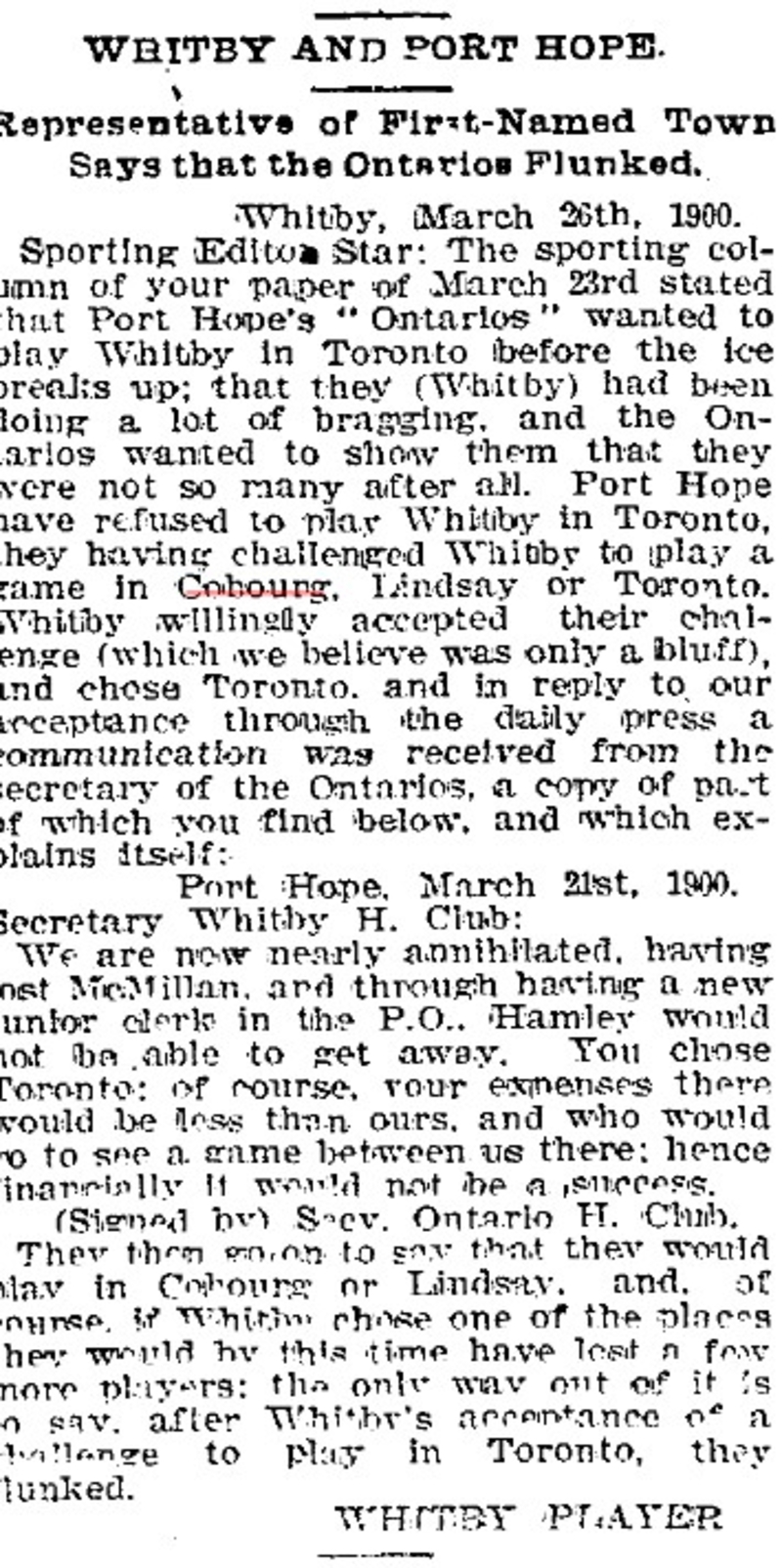 1900-03-27 Hockey -PH vs Whitby Location Dispute-TO Star