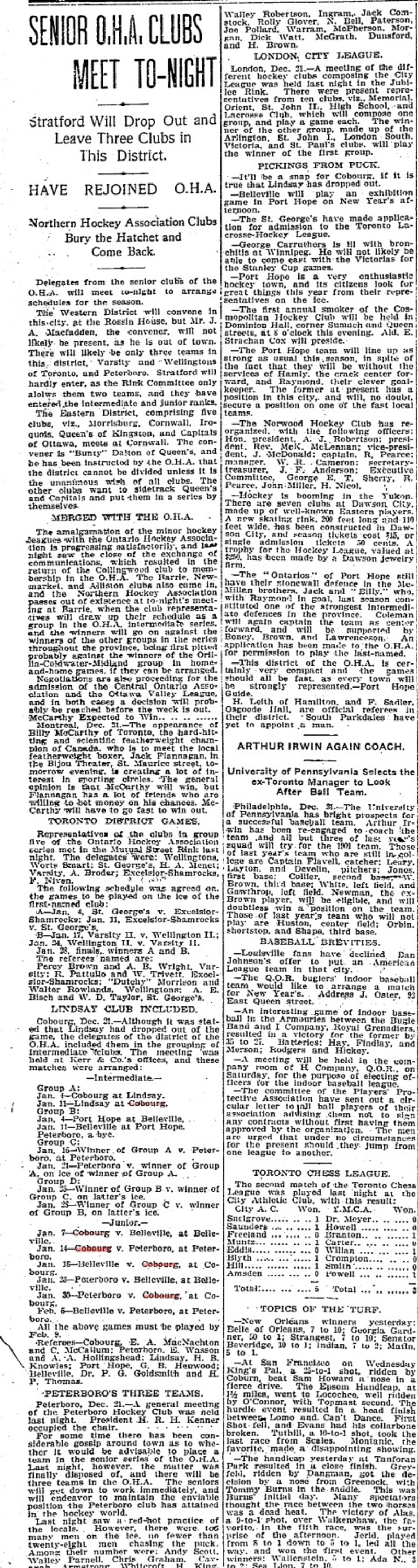 1900-12-21 Hockey -OHA Senior Teams Schedule-TO Star