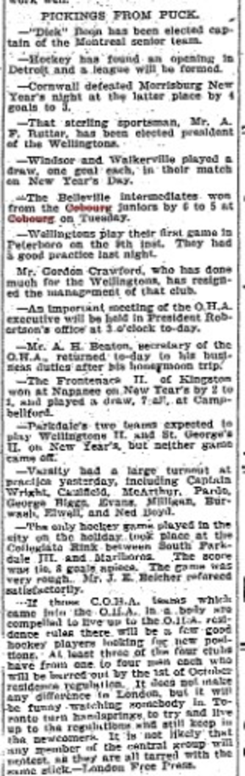 1901-01-03 Hockey -Juniors vs Belleville Intermediates-TO Star