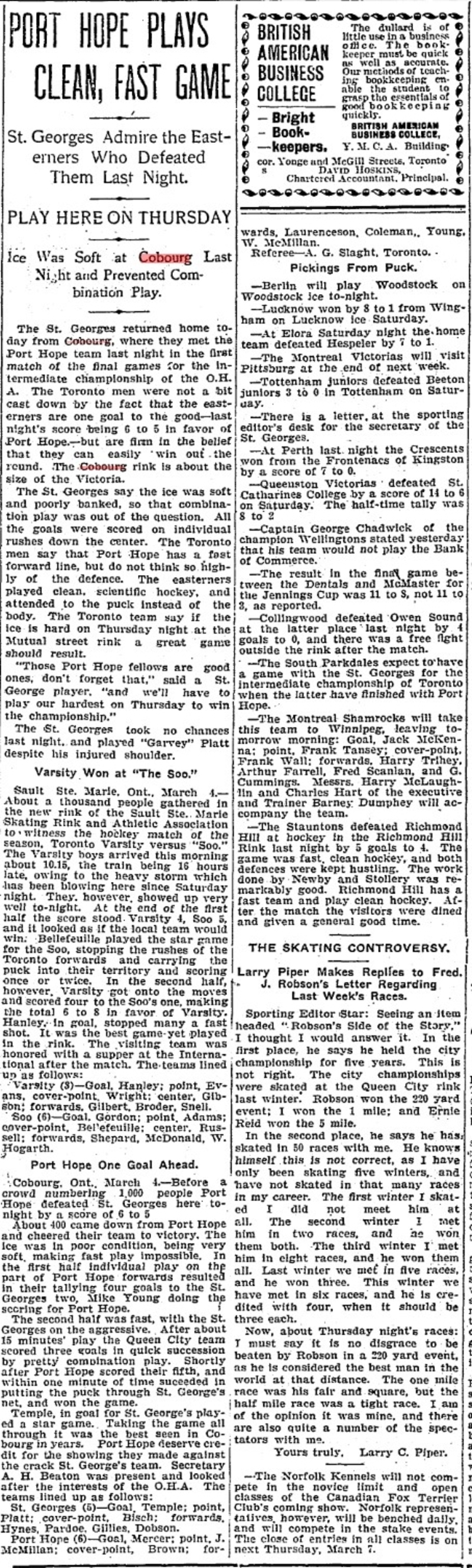 1901-03-05 Hockey -Intermediates-PH vs