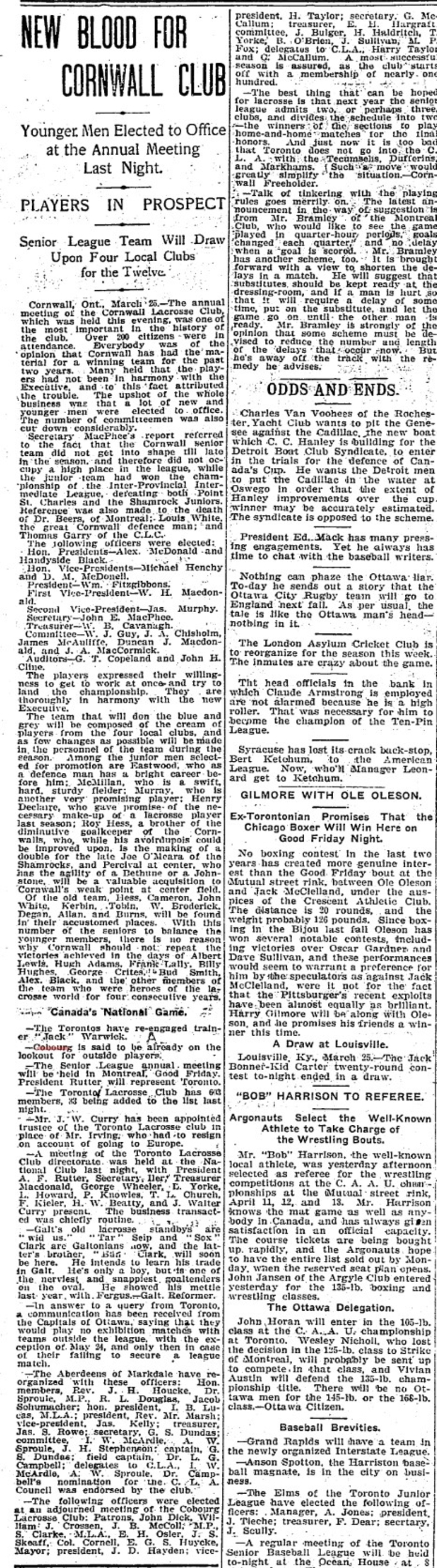 1901-03-26 Lacrosse -Cobourg Elects Officers-looking for players-TO Star