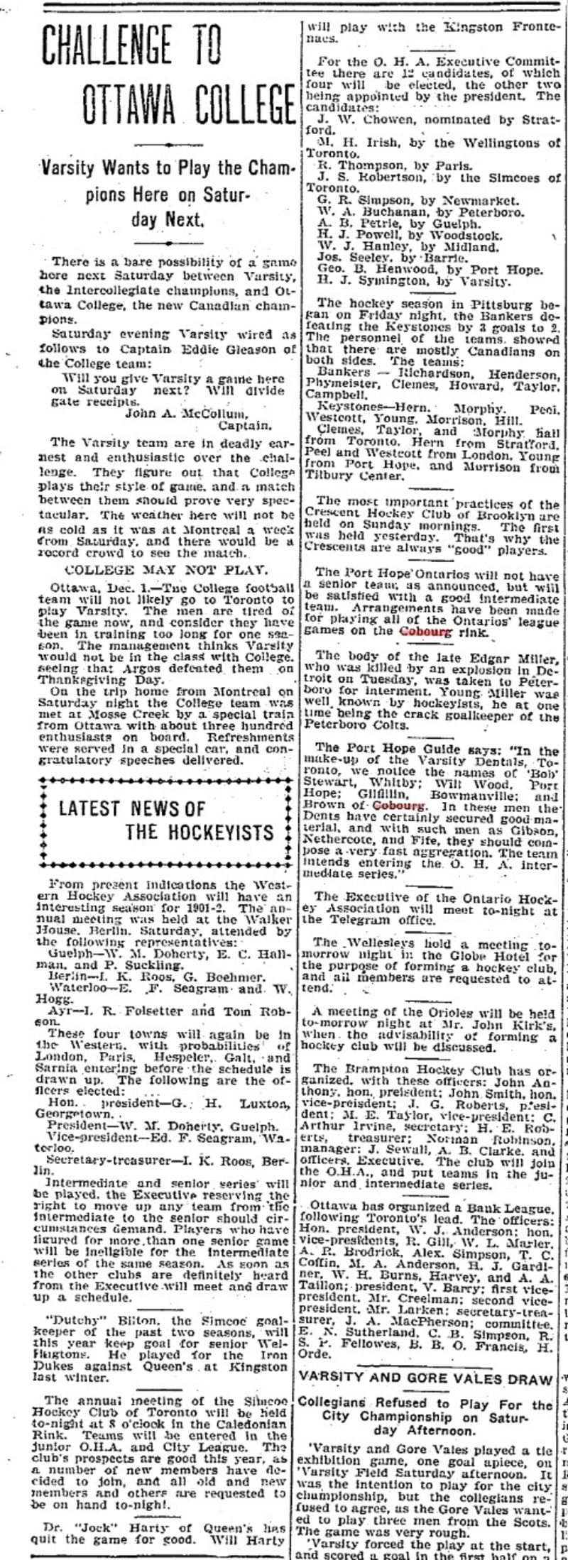 1901-12-02 Hockey -PH Intermediates to play home games at Cobourg-TO Star