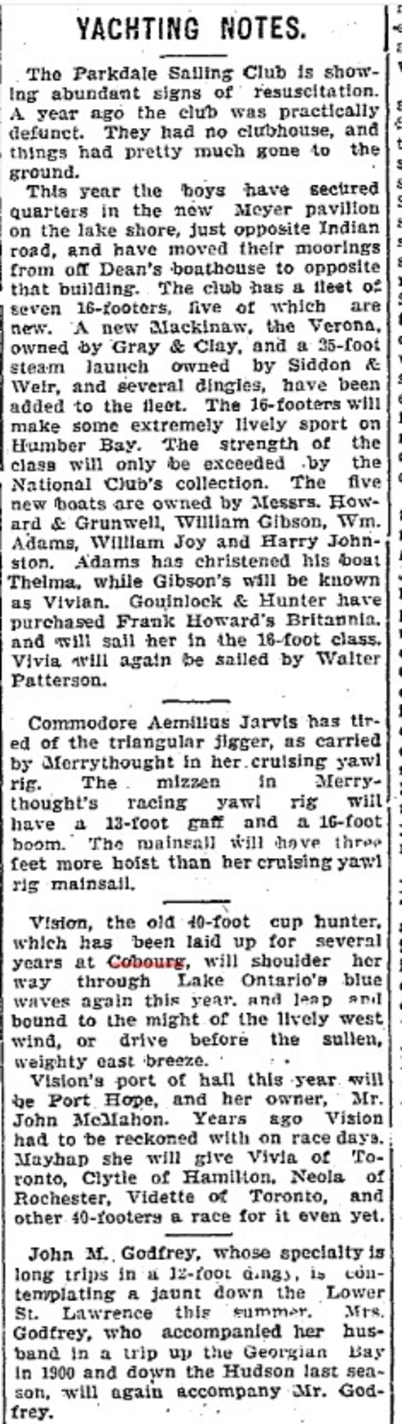 1902-05-10 Yacht Racing -Cobourg's Vision back on the water-TO Star