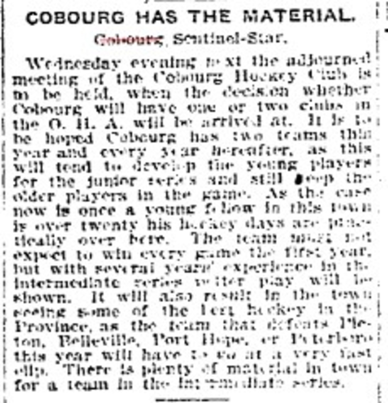 1903-11-14 Hockey -Cobourg Hockey Club-adjourned meeting notice-TO Star