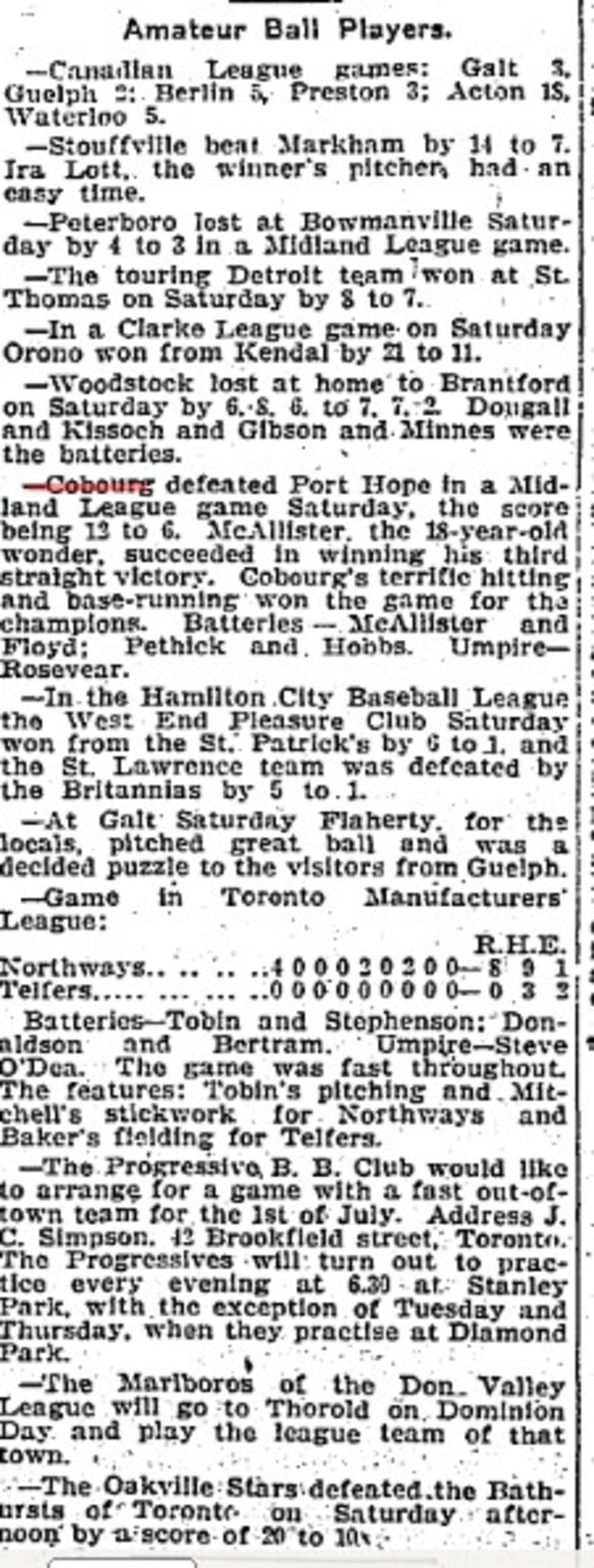1904-06-27 Baseball -Cobourg vs Port Hope-TO Star