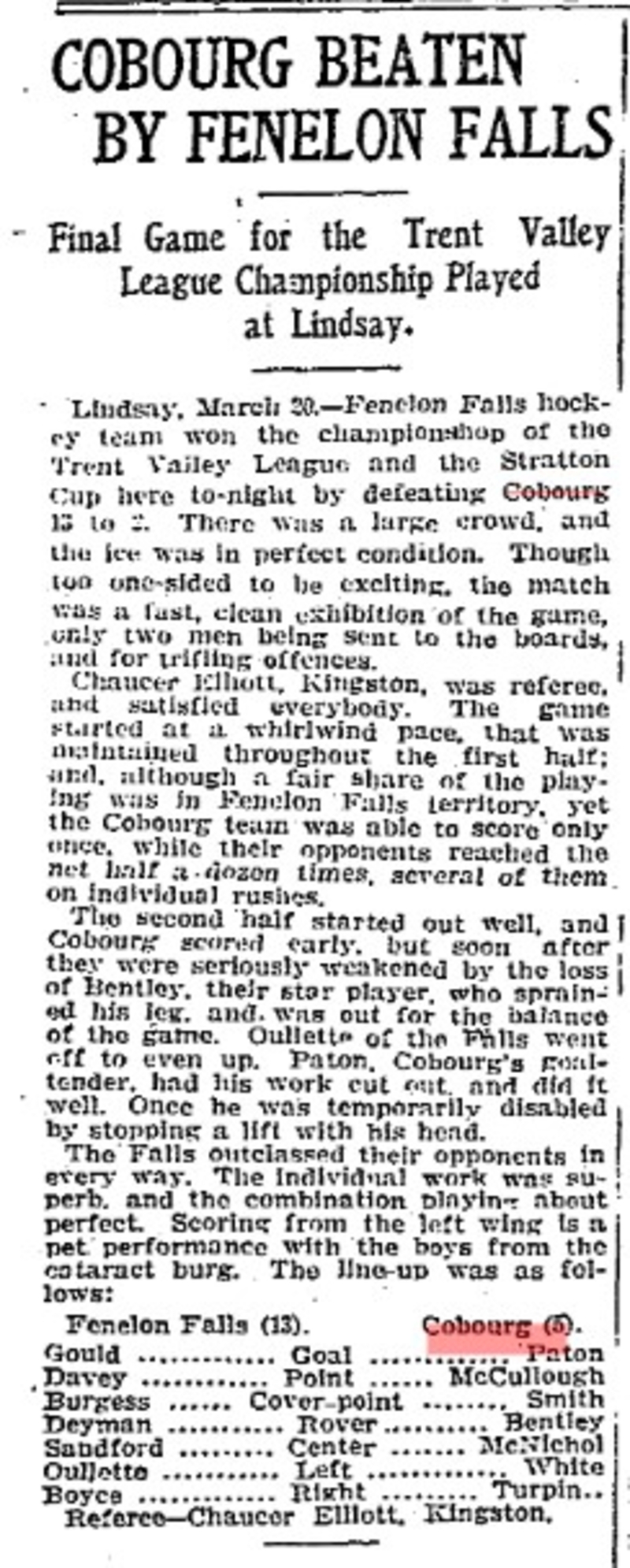 1905-03-01 Hockey -Cobourg vs Fenelon Falls in Trent Valley League