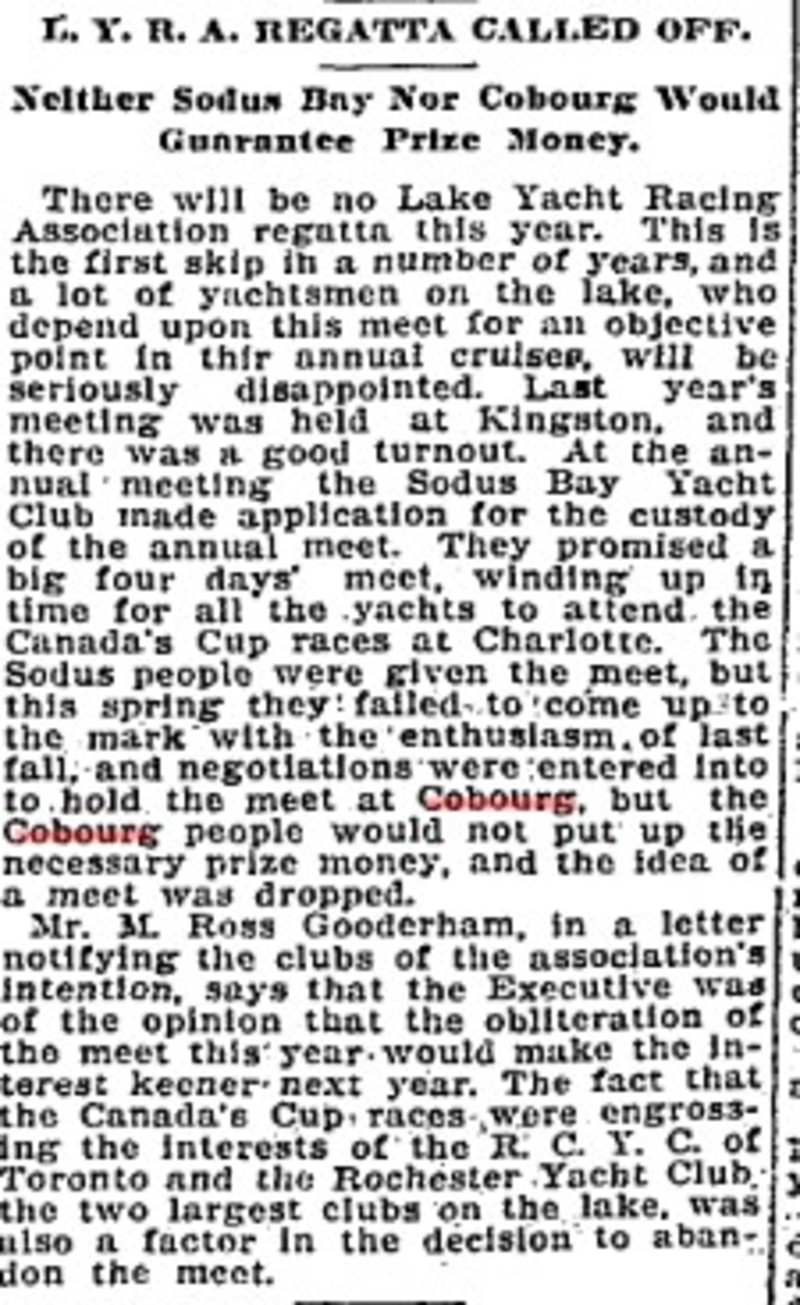 1905-07-20 Yacht Racing -Lake Yacht Regatta at Cobourg Called Off