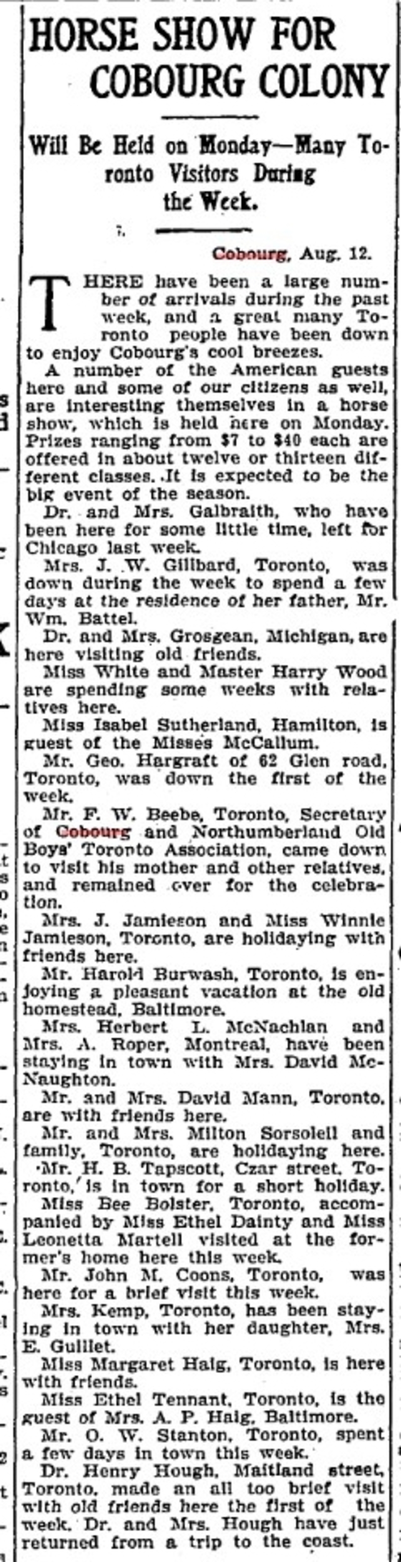 1905-08-12 Horse Racing -Horse Show for Cobourg Colony