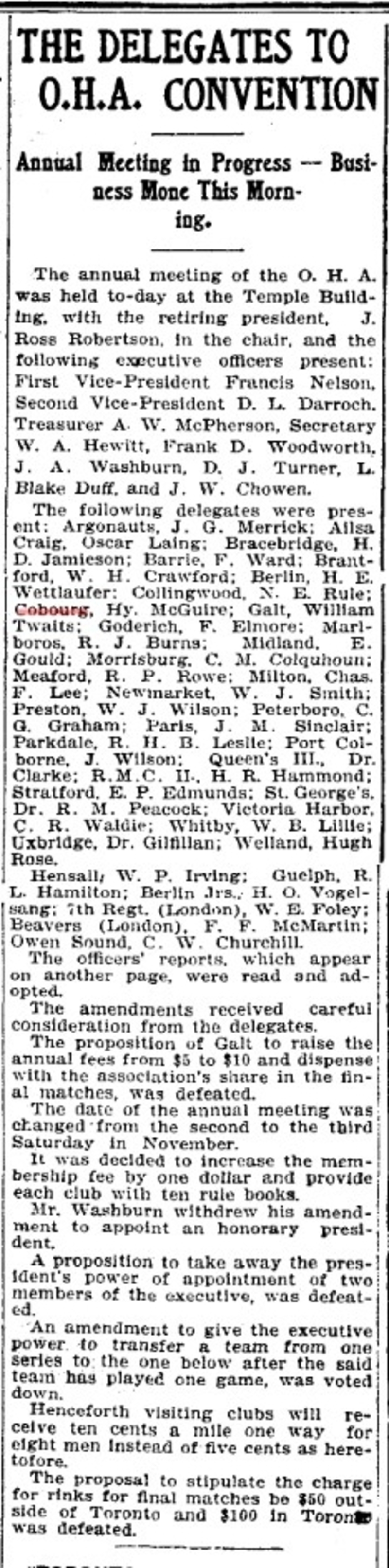 1905-11-11 Hockey -OHA Delegates Attend Annual Convention