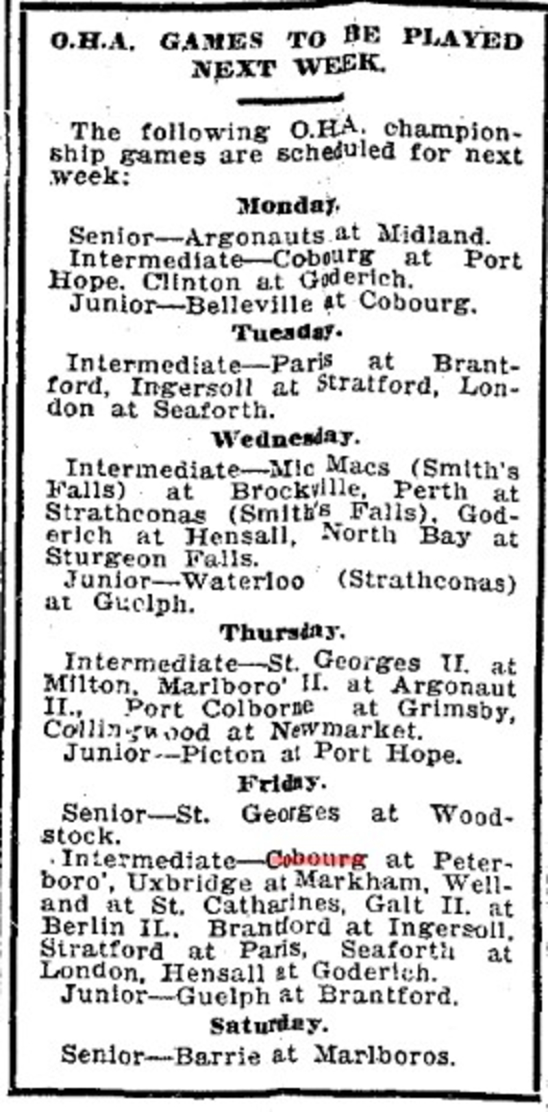 1905-12-30 Hockey -Intermediate and Junior Schedule for the week