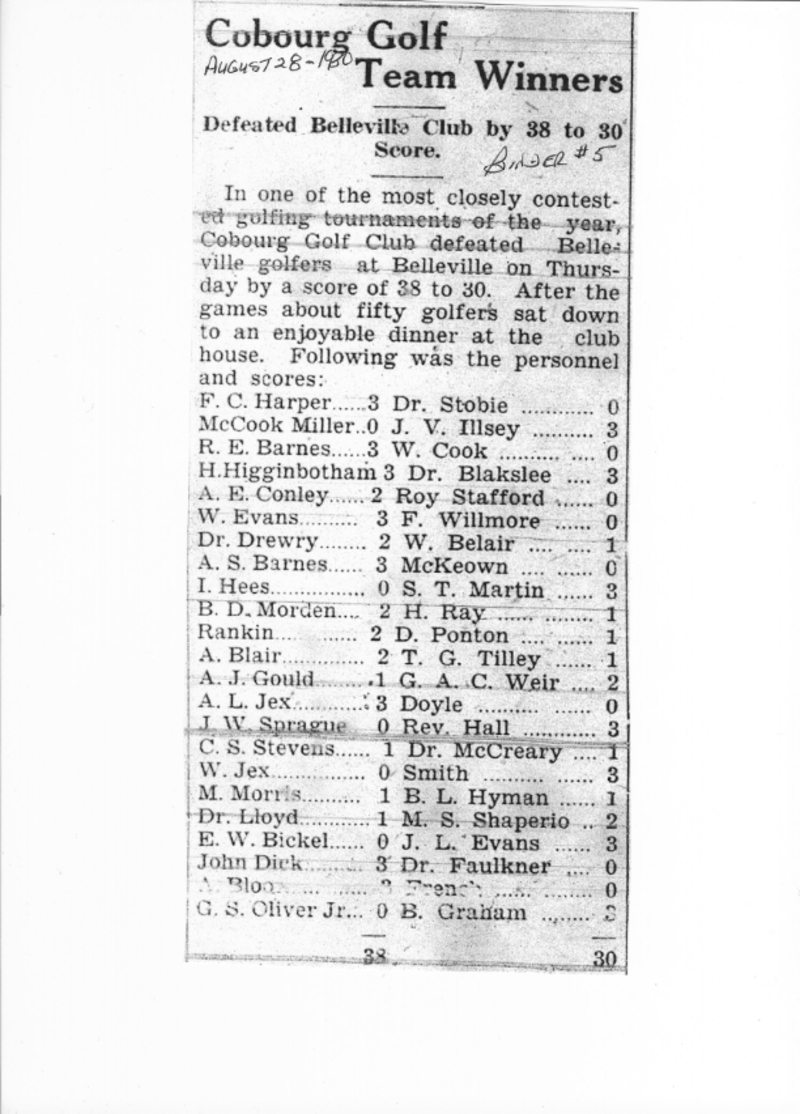 1930-08-28 Golf -Cobourg vs Belleville