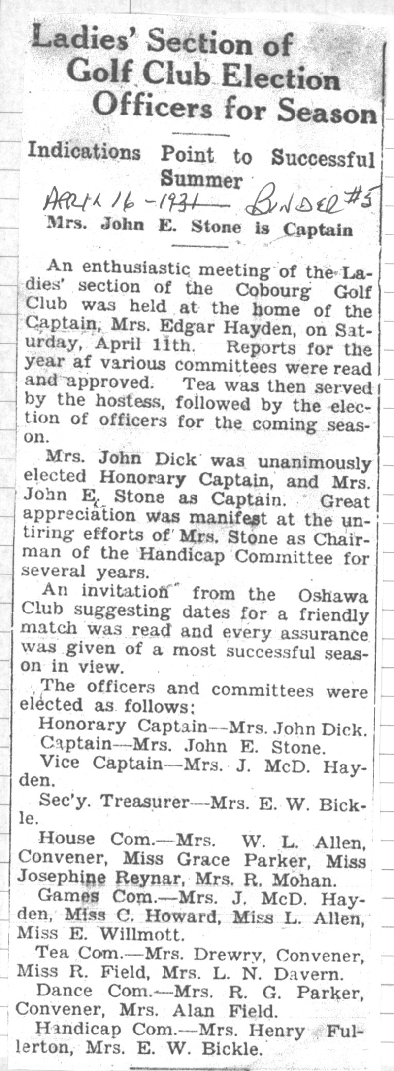 1931-04-16 Golf -Ladies elect officers