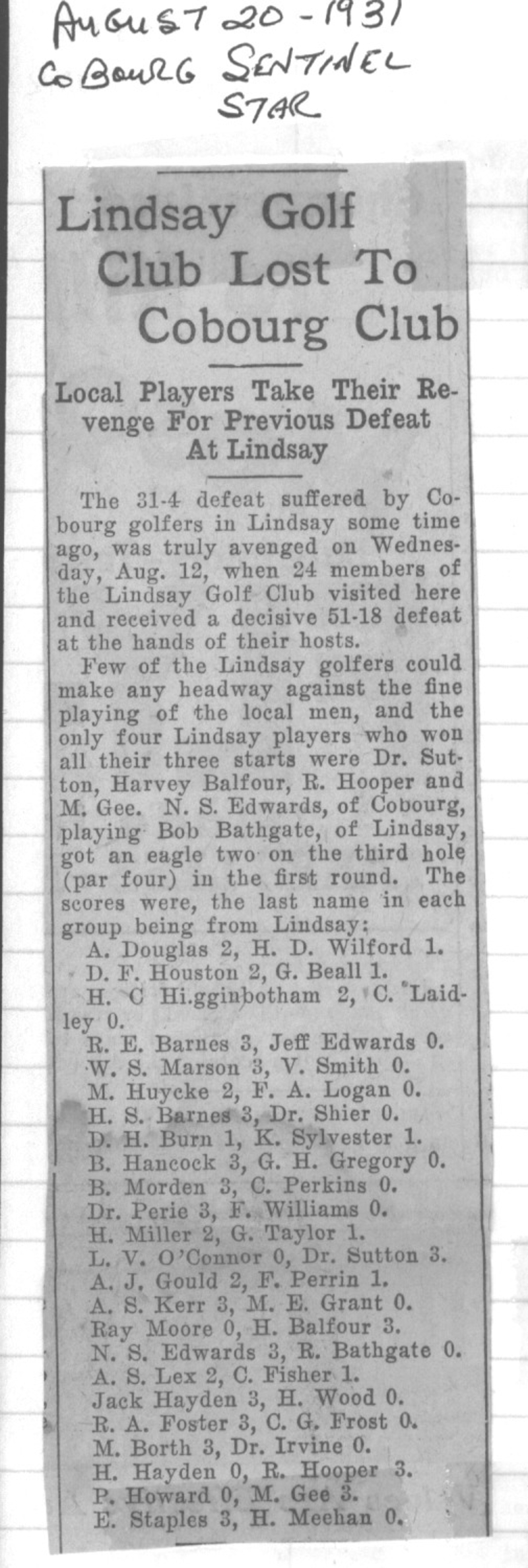 1931-08-20 Golf -Lindsay Club at Cobourg