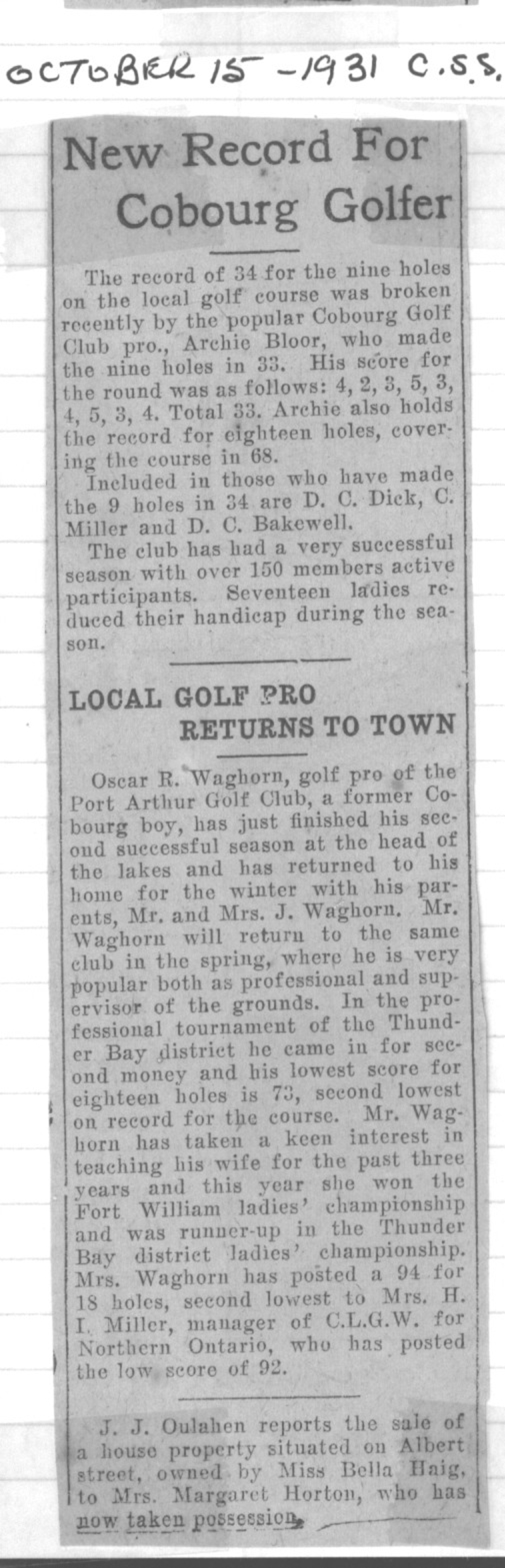 1931-10-15 Golf-record score of 33 in the books