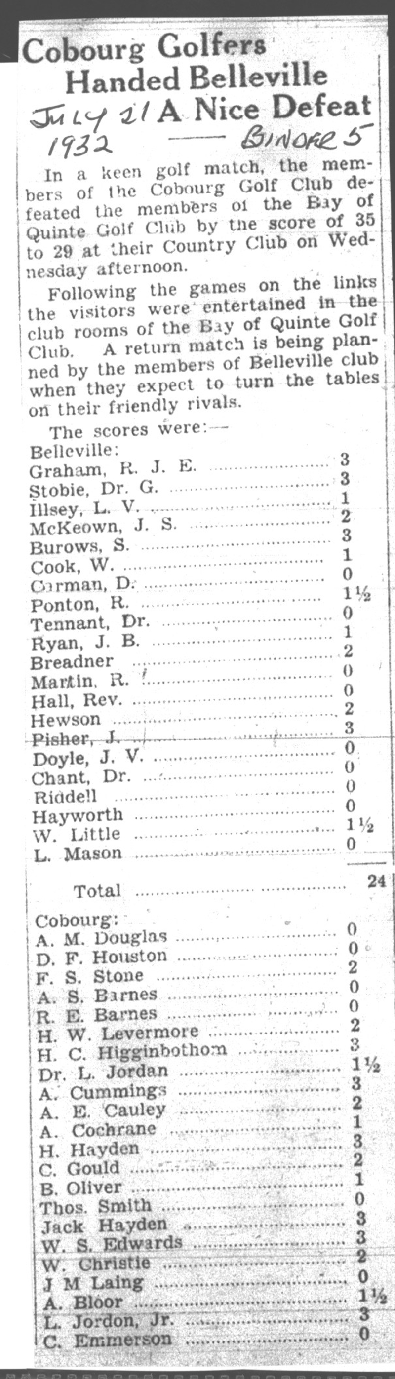 1932-07-21 Golf -Cobourg Club at Bay of Quinte
