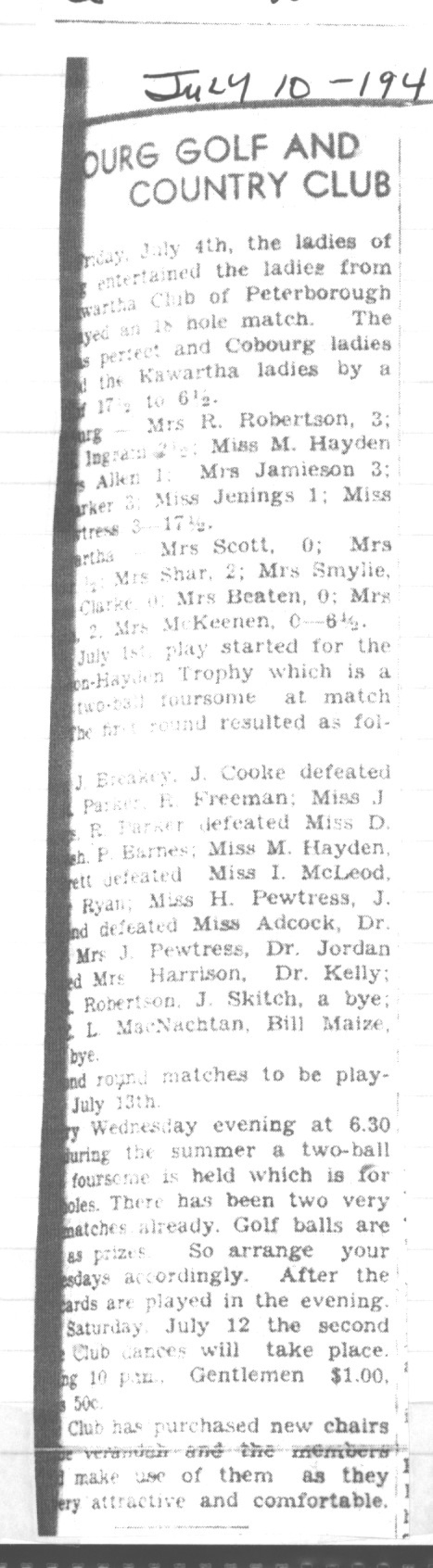 1941-07-10 Golf -Ptbo Ladies at Cobourg