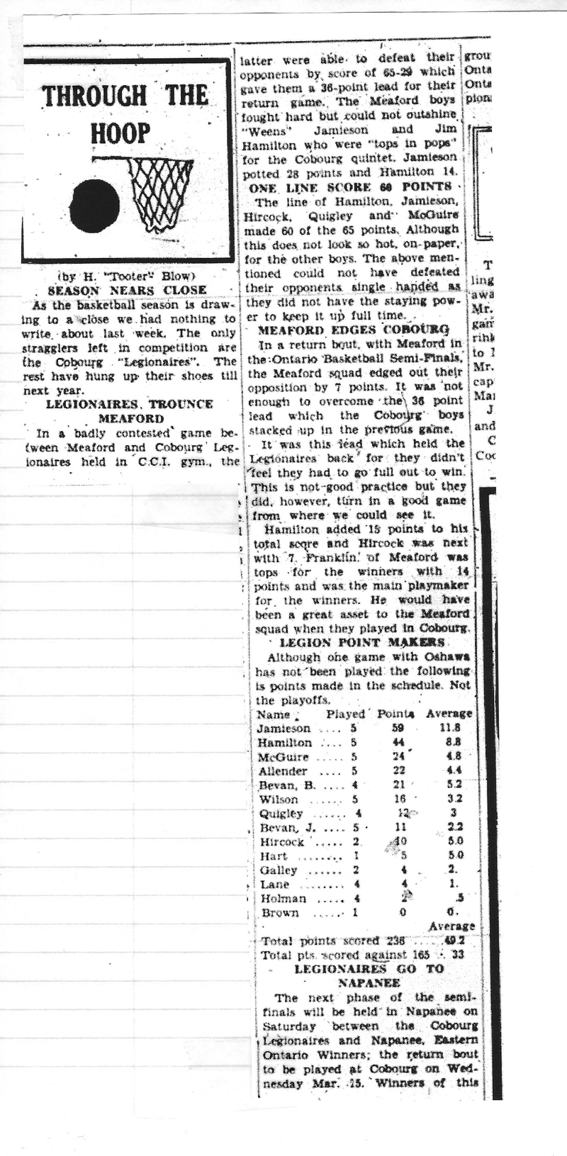 1950-03-09 Basketball -Men Cobourg  Legionnaires  vs  Meaford