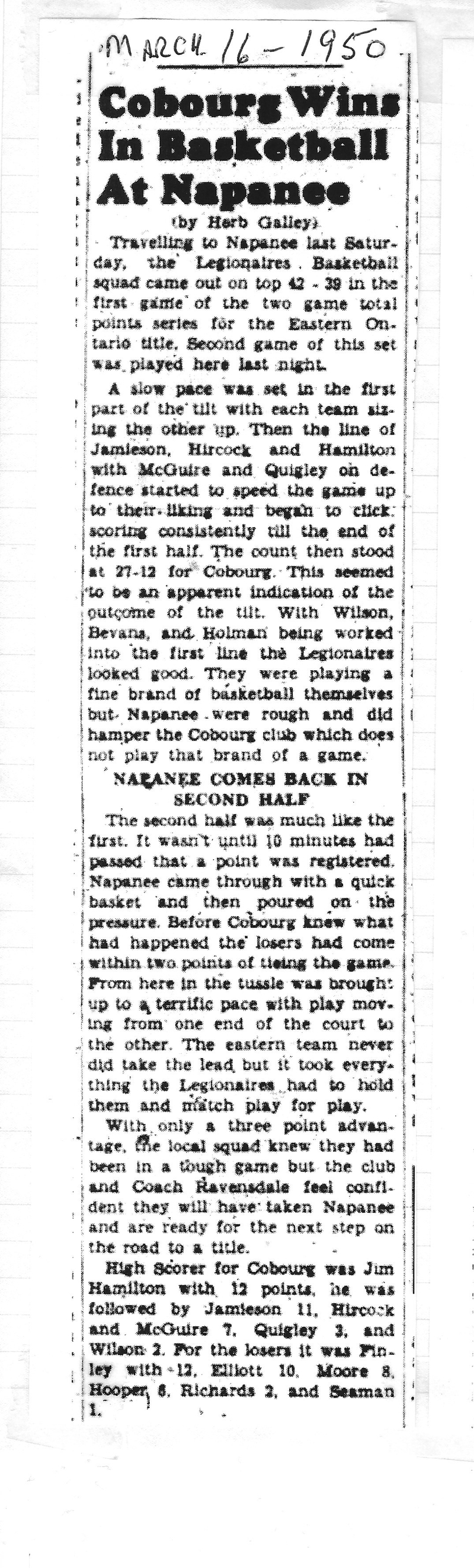 1950-03-16 Basketball -Legionnaires vs Napanee-Eastern Ont Finals