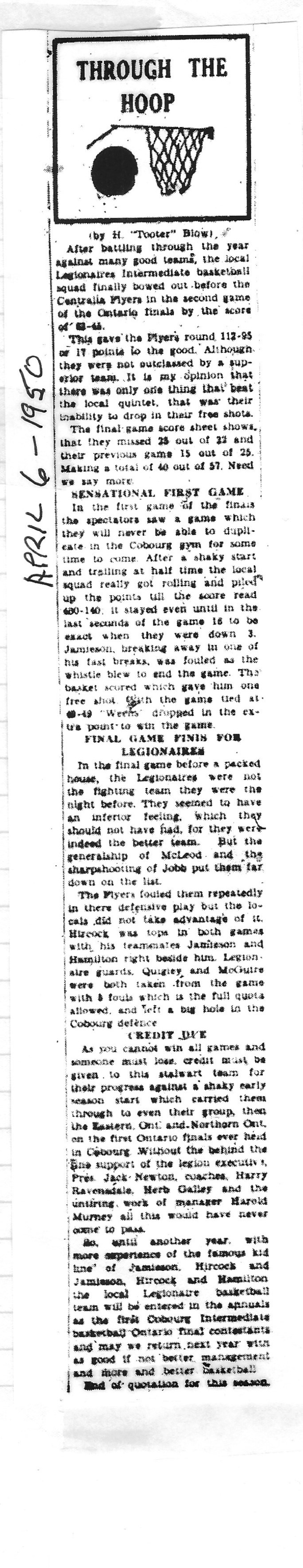 1950-04-06 Basketball -Commentary-Ontario Finals-Cobourg vs Centralia