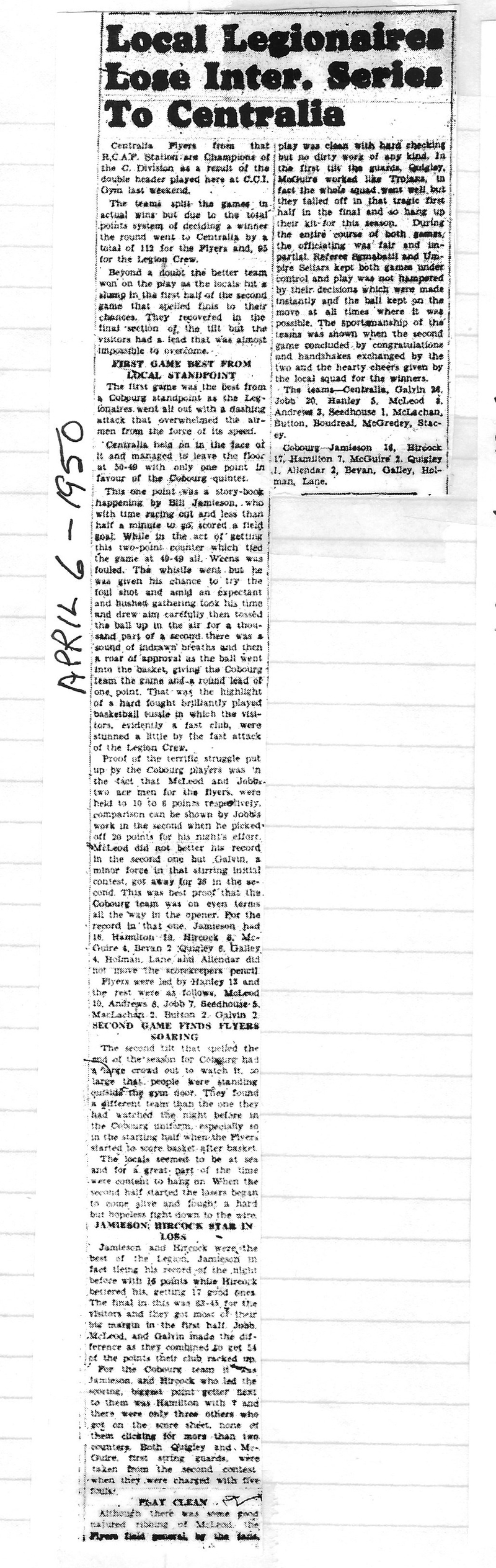 1950-04-06 Basketball -Legionnaires vs Centralia in Ontario Final