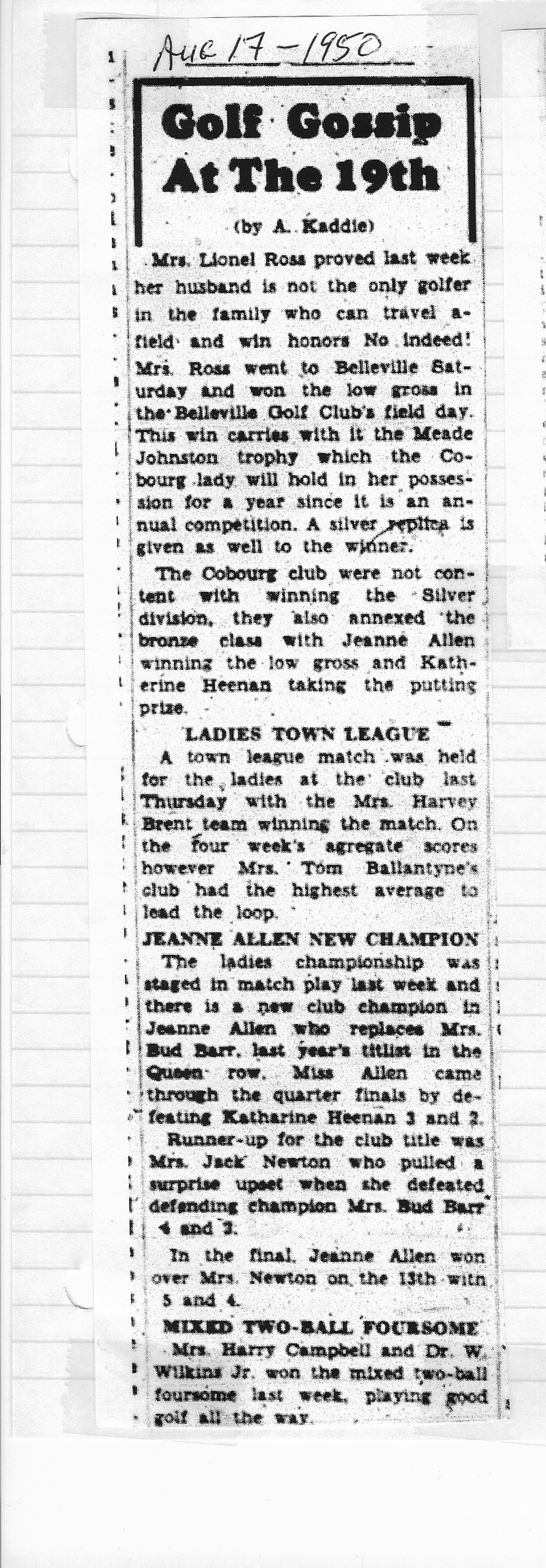 1950-08-17 Golf -Gossip Column