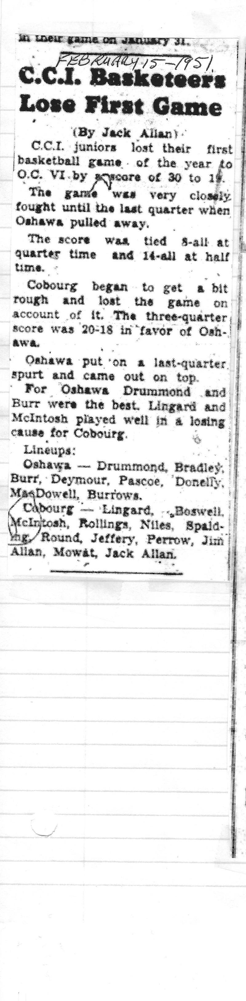1951-02-15 School -Basketball -CCI Juniors vs Oshawa