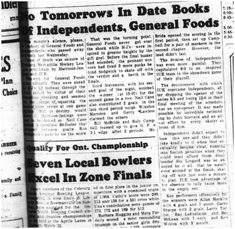 1964-03-11 Hockey -Cobourg Mercantile League -General Foods -Independents