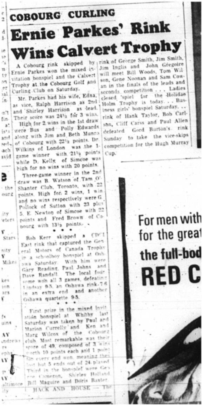 1964-03-18 Curling -Ernie Parkes Rink -Calvert Trophy