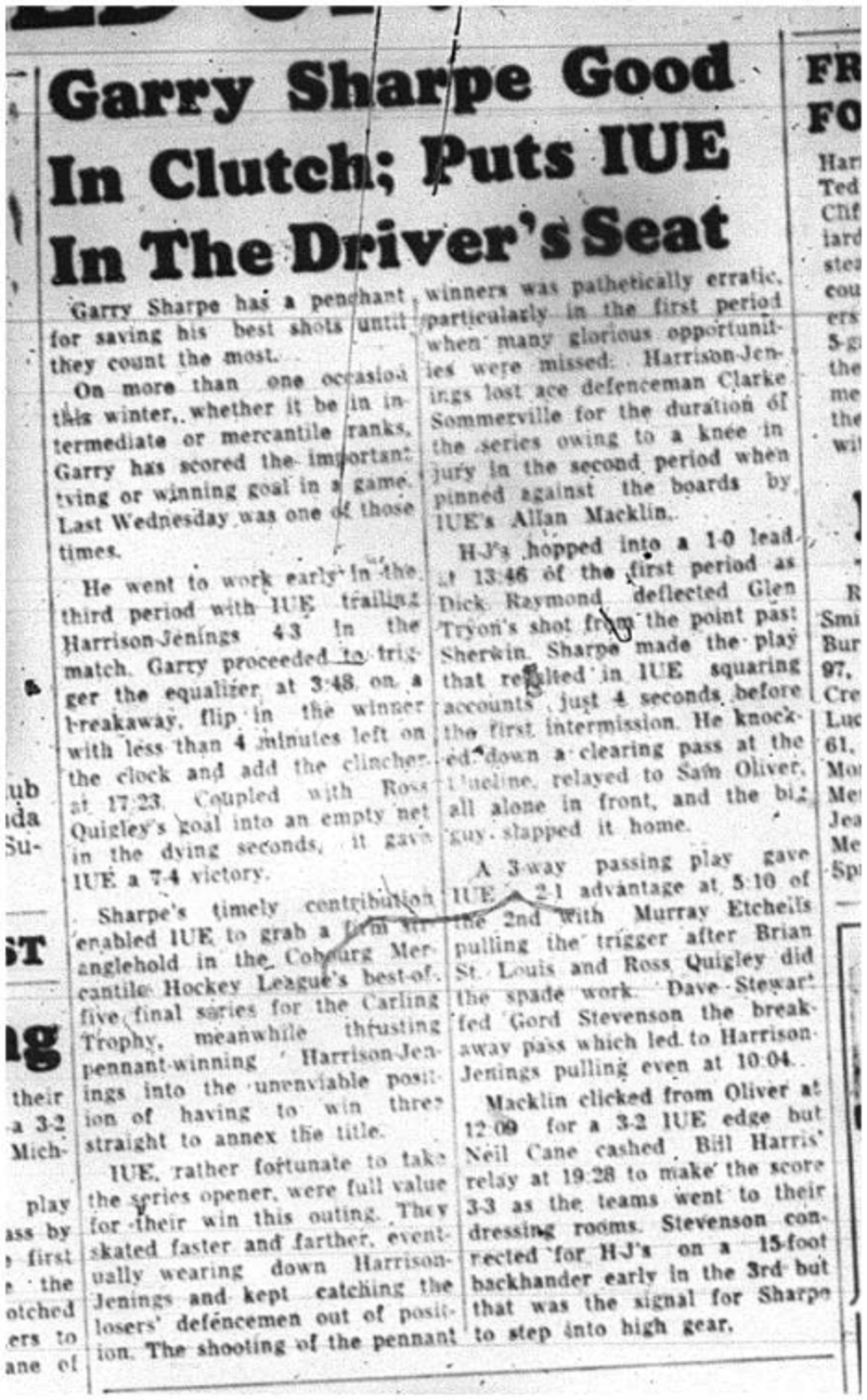1964-03-18 Hockey -Garry Sharpe -Cobourg Mercantile Hockey League