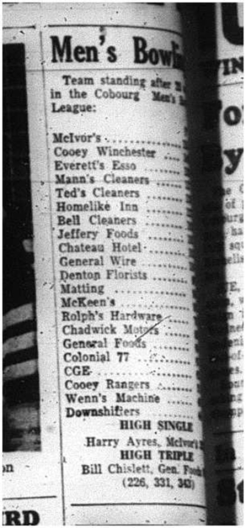 1964-03-25 Bowling -Mens Bowling -Team Standings