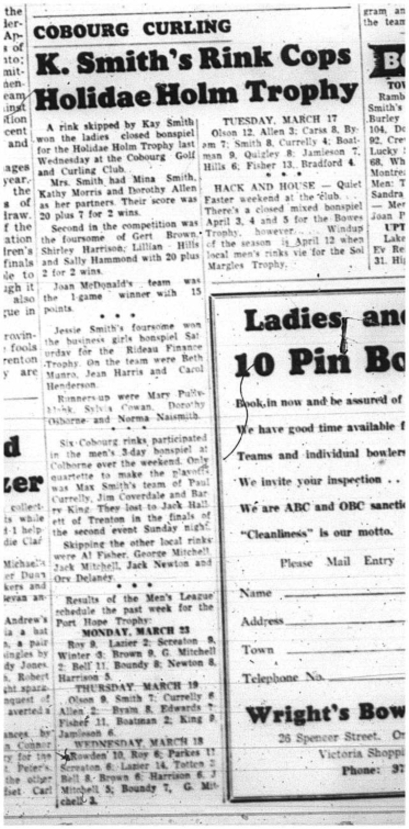 1964-03-25 Curling -K. Smiths Rink -Holidae Holm Trophy