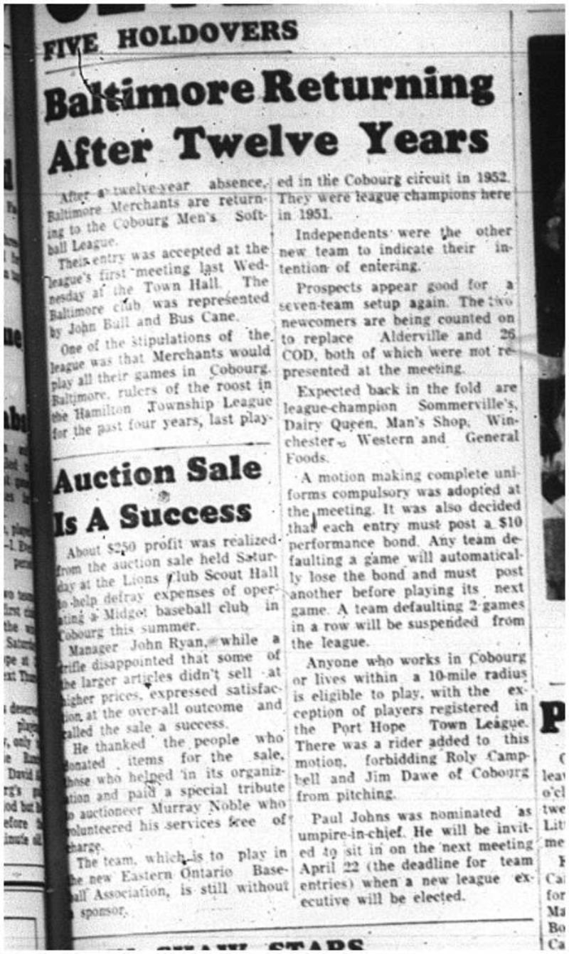 1964-04-01 Softball -Baltimore Merchants -Cobourg Mens Softball League