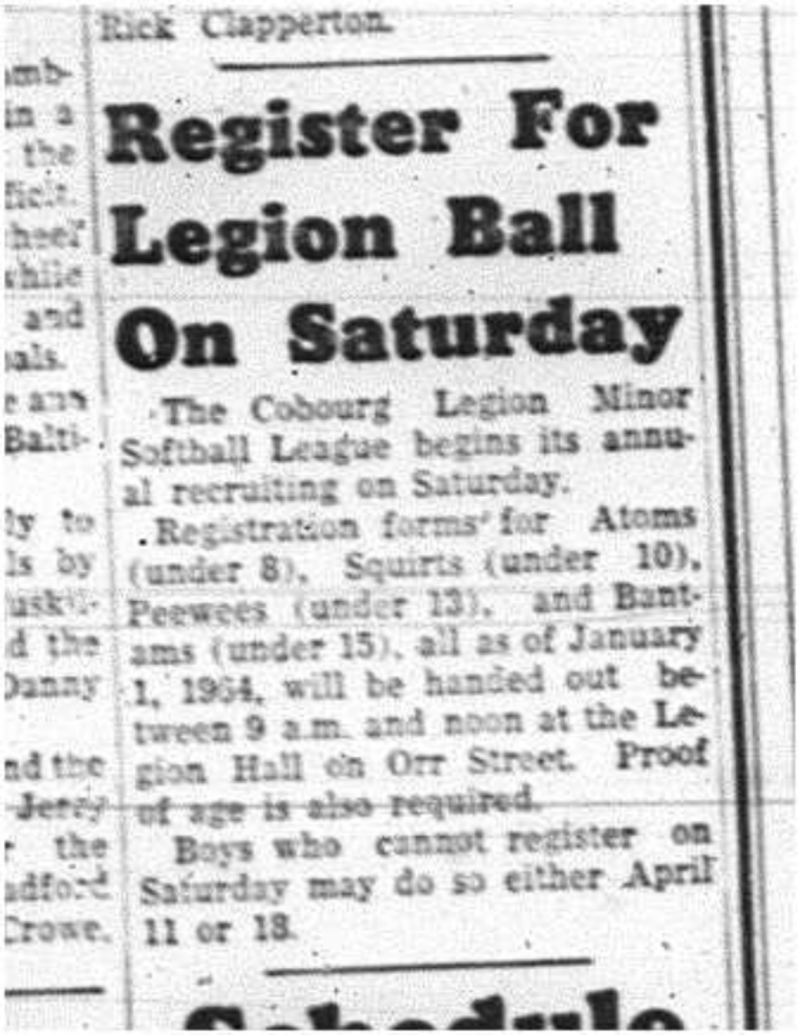 1964-04-01 Softball -Cobour Legion Minor Softball League -Annual Recruiting