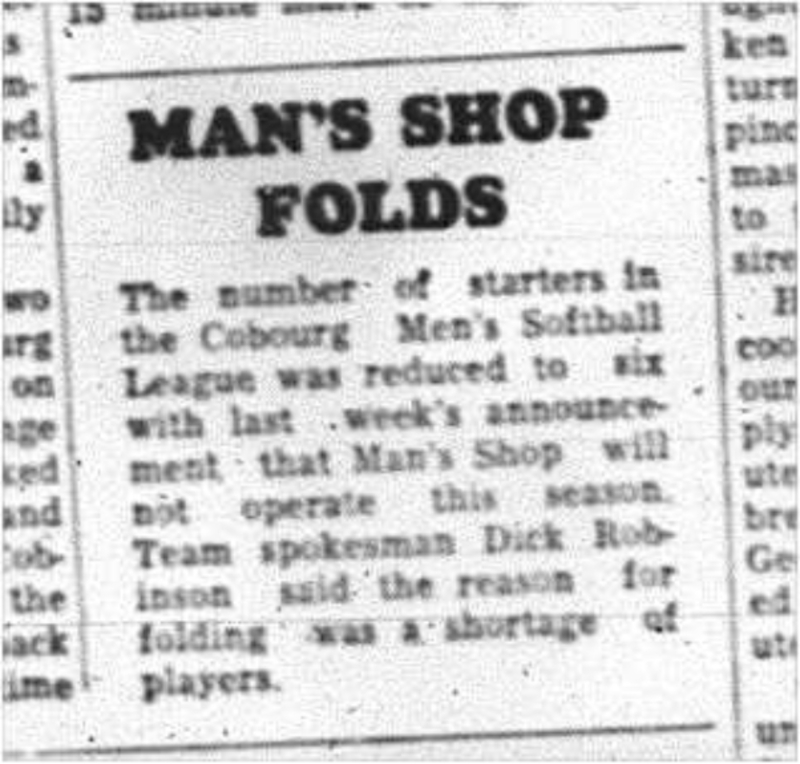 1964-04-08 Softball -Cobourg Mens Softball League -Mans Shop