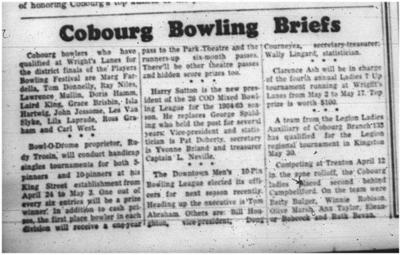 1964-04-22 Bowling -Cobourg Bowlers -District finals
