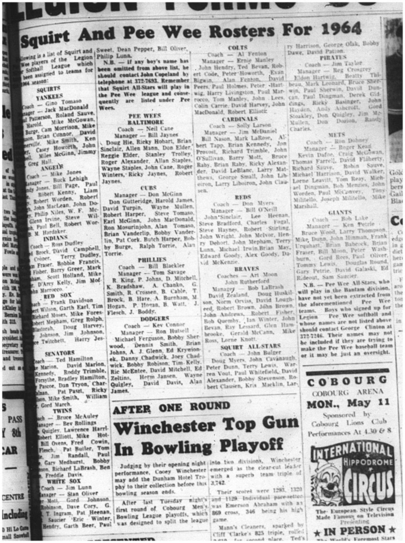 1964-05-06 Softball - Boys - Squirt - Peewee - Rosters