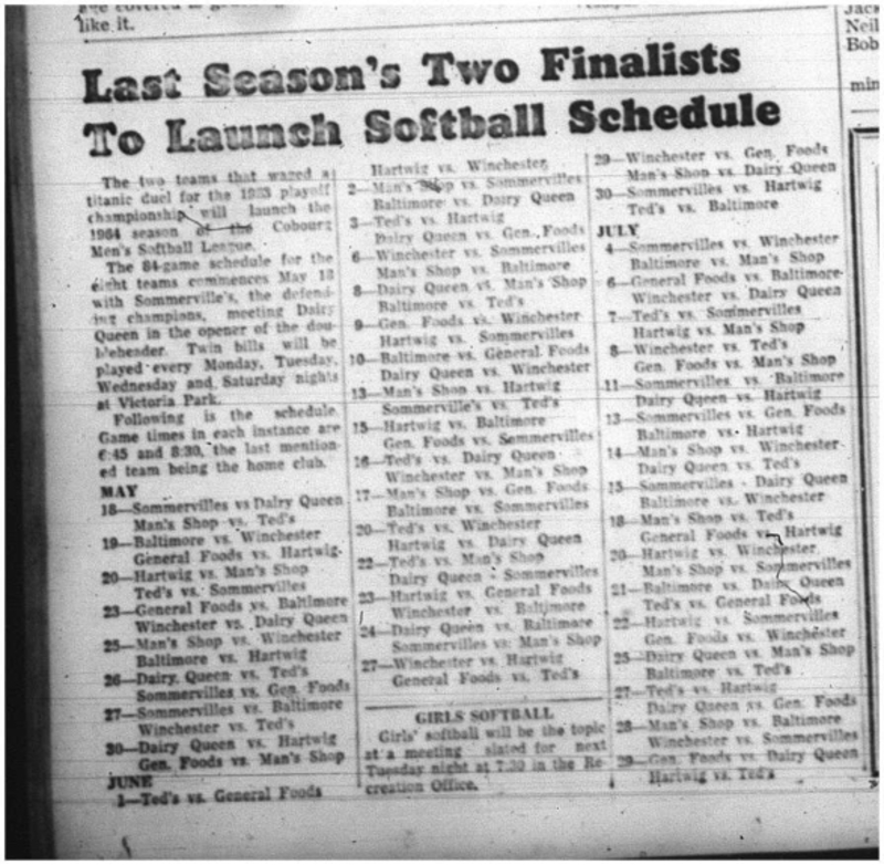 1964-05-06 Softball - Mens - Cobourg Softball League -Schedule