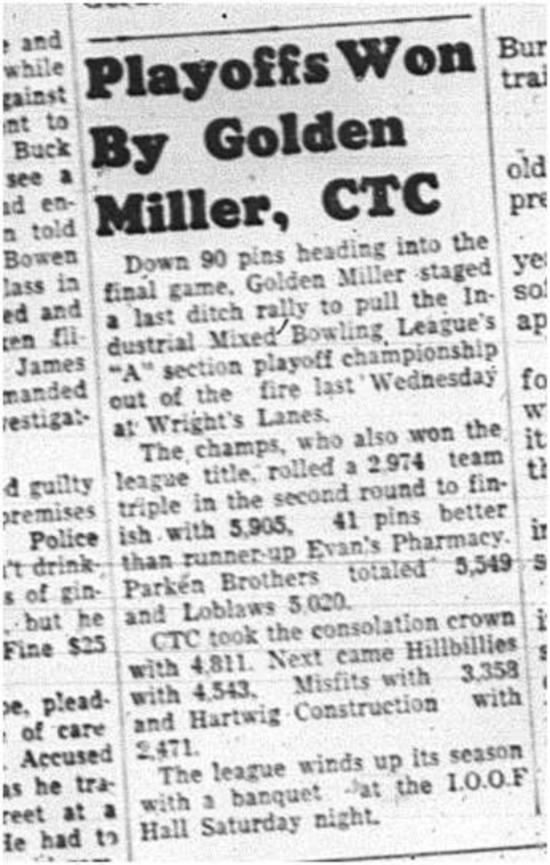 1964-05-13 Bowling - Mixed - Industrial Mixed League - Golden Miller
