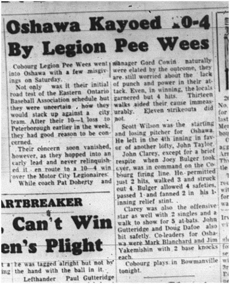 1964-06-03 Baseball - Boys - Cobourg Legion Peewees Vs. Oshawa